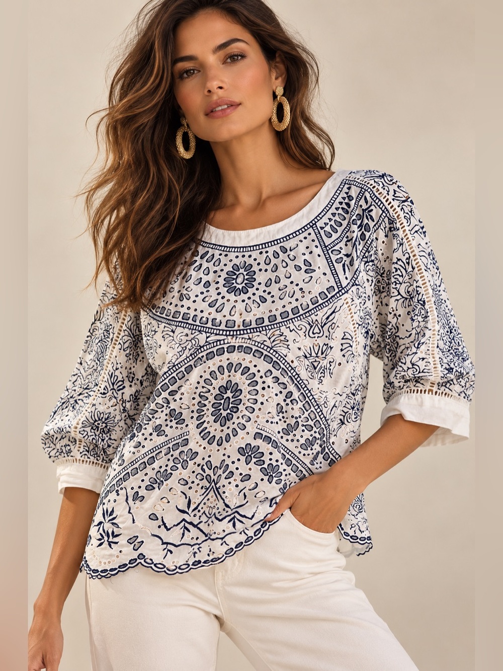 Maeve by Anthropologie Eyelet Paisley Tunic Top Small White Navy Boho